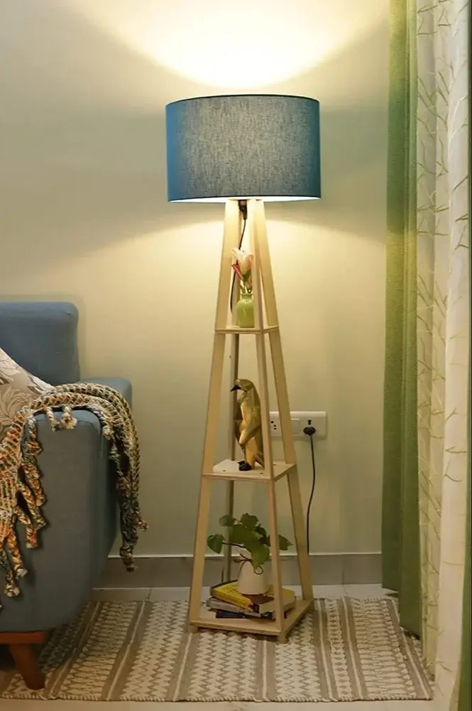 Wooden Floor Lamp With Blue Shade